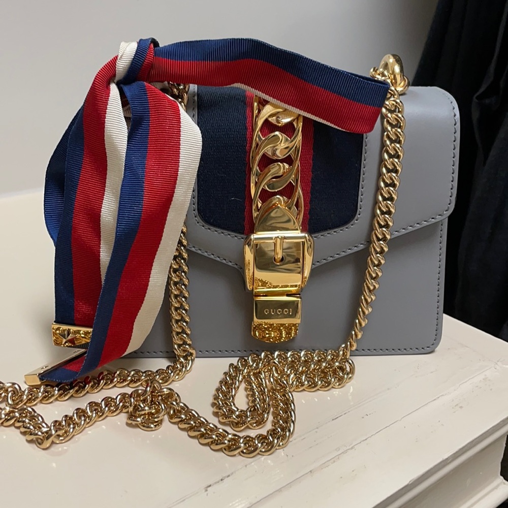 Gucci calfskin mini Sylvie chain shoulder bag grey